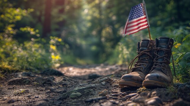 Patriotic Hiking Trail with American Flag and Rugged Boots in Forest Glow