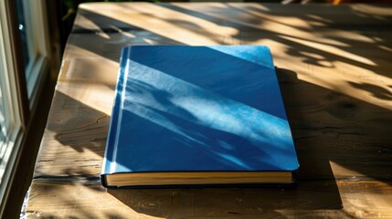 Notebook with blue cover on table with sunlight shadows for business branding template