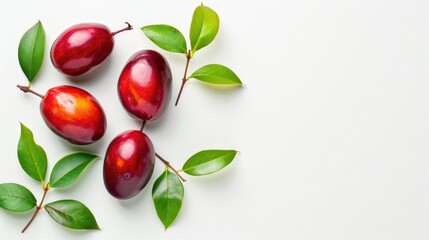 Tamarillo fruit with leaves isolated on white background for text Overhead view