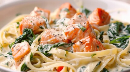 Creamy sauce with salmon and spinach over tagliatelle