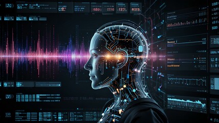 The interface of a futuristic artificial intelligence, displaying complex algorithms and data analytics visualization.