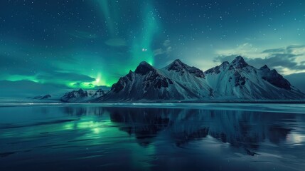 Naklejka premium Majestic Aurora Borealis Over Snowy Mountains