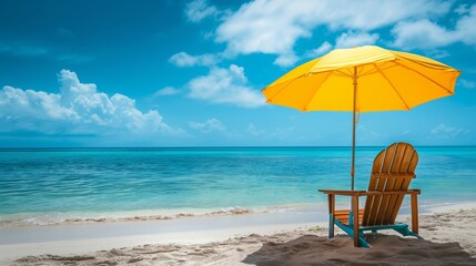 Tranquil Beach Scene with Yellow Umbrella and Wooden Chair