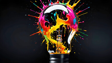A light bulb shattering and releasing a burst of vivid paint splashes against a black background - Generative AI