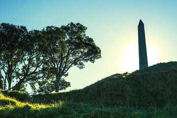 Silhouette of the Obelisk Monument on One tree Hill Summit in Auckland, New Zealand