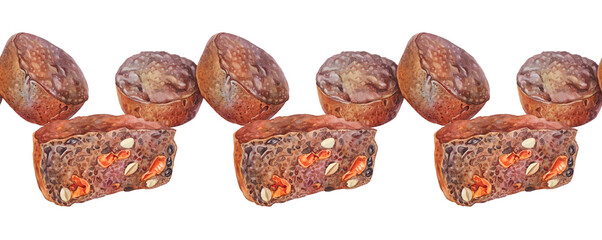 Seamless rim with watercolor loaf of fresh crispy homemade rye bread with fruit and nuts on white background. Whole grain bun for breakfast. Hand-drawn border with food for cookbook. Wrapping