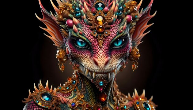 Fotograf&iacute;a, criatura m&iacute;stica, reina, rey, drag&oacute;n, joyas, escamas, majestuoso, detallado, colores vibrantes, arte digital, surrealismo, m&aacute;gico, deslumbrante, elegante, m&iacute;stico, extraterrestre 