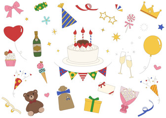 パーティーのイラストセット、アイコン、誕生日、お祝い、イベント