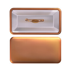 Mock Up. Copper rectangular bage pin brooch. Realistic illustration isolated on white background.