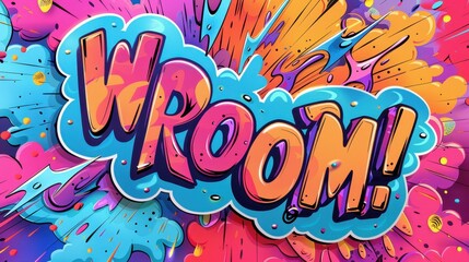 Vibrant Pop Art Style Graffiti Saying 'Wroom!' with Splashes of Bright Colors