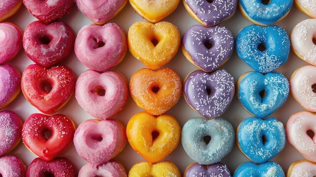 An endless array of heart shaped sweet donuts in vibrant colors forms a captivating pattern when viewed from above leaving plenty of space for your own message