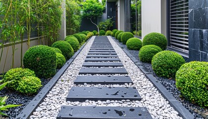 "Elegant Garden Path with Rectangular Stones and Lush Shrubs by Modern Building" Generative AI