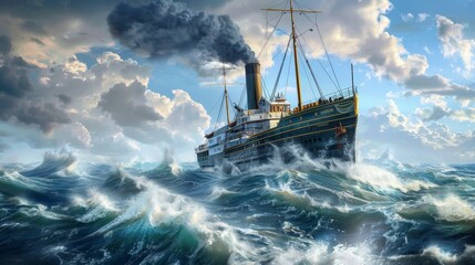 Obraz premium Dramatic Steamship on Stormy Seas Generative AI