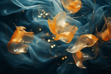 a close up of some orange and gold flowers floating in the air