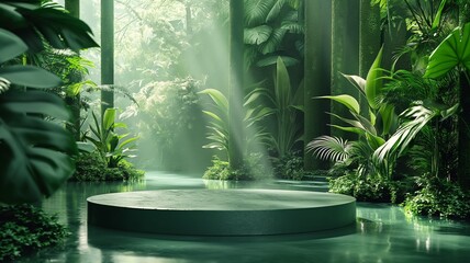 Enchanting Green Forest Stage with Sunlight and Lush Foliage