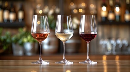 Elegant Wine Glasses Display in Modern Bar Setting with Ambient Lighting