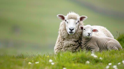 Obraz premium Mother sheep caring for lamb in spring with clean green backdrop Yorkshire Dales UK