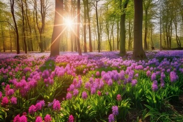 Naklejka premium spring, forest, trees, green, foliage, sunlight, nature, peaceful, rene, flower, flowers, garden