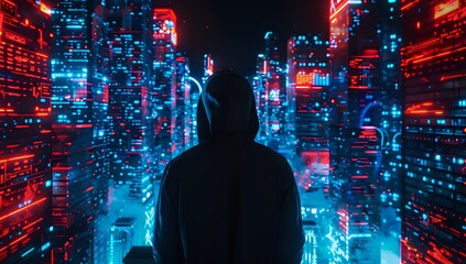 Fototapeta premium Lonely figure in black hoodie contemplating city view