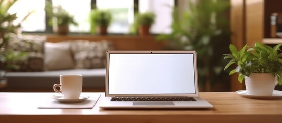 Fototapeta premium Laptop with blank white screen on work desk in office background
