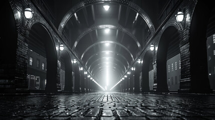 Fototapeta premium Moody monochrome view of Staple street skybridge by night, in Tribeca, New York City
