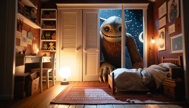 A Large Creature Peeking Through A Slightly Opened Closet Door, With The Child's Bed And A Small Nightlight In The Foreground.