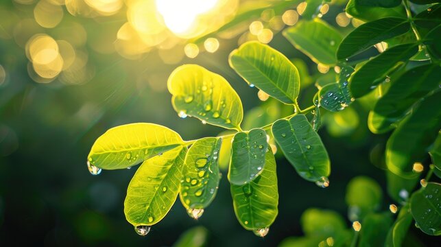 Dew on backlit moringa leaves with a blurred backdrop