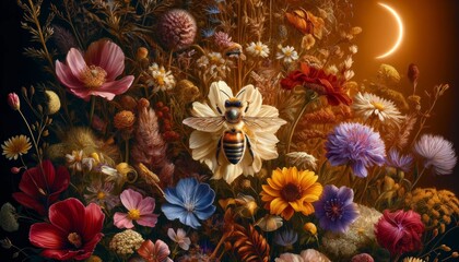 A close-up of a bee amidst a variety of wildflowers, with different colors and shapes creating a rich, natural tapestry.