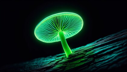 A close-up of a single glowing green mushroom on a dark tree trunk, highlighting its luminescence and intricate details.
