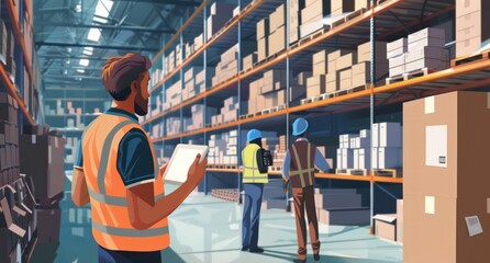 A man in a yellow vest is standing in a warehouse with boxes and pallets