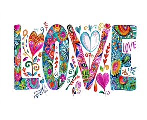 A colorful text "LOVE" with various patterns and colors, isolated on white background, white space between letters.