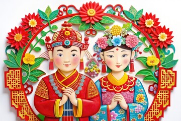 Paper cut illustration of Young wedding couple in traditional Chinese costumes
