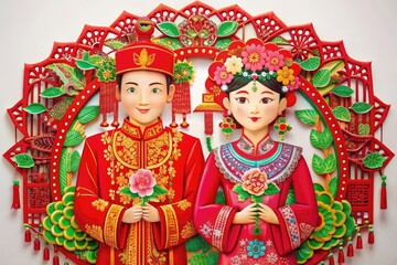 Paper cut illustration of Young wedding couple in traditional Chinese costumes