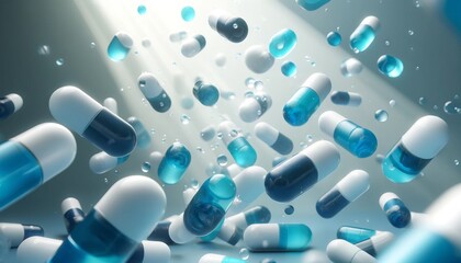 Medical capsules floating in the air