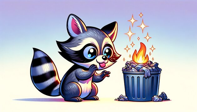 A cheeky raccoon mischievously breathing out a small fire, igniting a pile of 'trash' that sparkles amusingly.