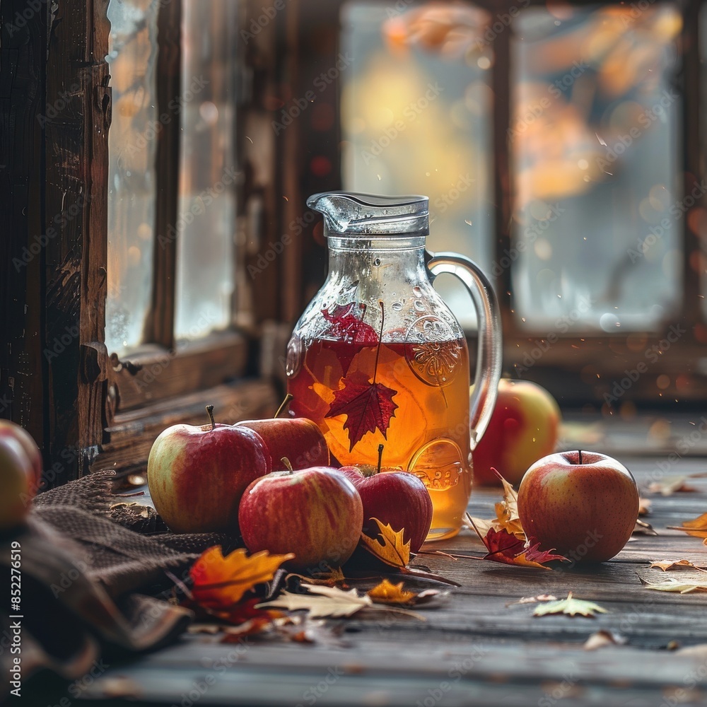 Poster Autumnal Still Life with Apple Cider and Apples.