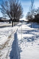 Sidewalk with edge markers used for snow blowing guides