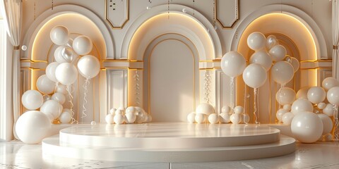 Fototapeta premium Elegant White and Gold Balloon Decor with Stage