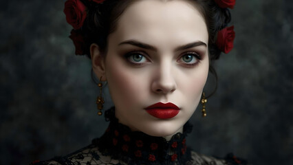 Portrait of a Woman, Gothic Elegance in Bloom, A Maiden&rsquo;s Rose-Adorned Mystery