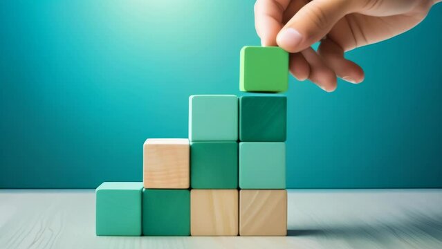 A hand placing the final block on a stack of green and natural wood-colored blocks arranged in ascending order. 