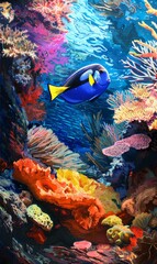 Watercolor painting of a blue tang fish swimming along a colorful coral reef in the sea. Use for phone wallpapers, posters, postcards, brochures.