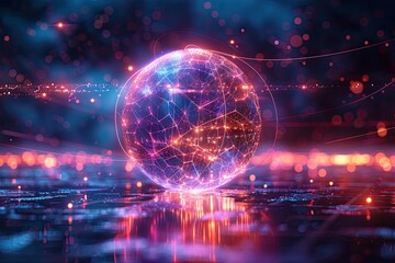 Obraz premium Create a captivating connectome representation: a vibrant, glowing orb or geometric structure as the central focus, radiating energy to symbolize the brain's importance. Draw glowing paths connecting 