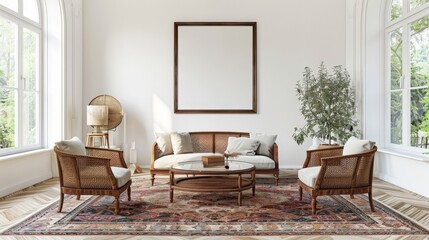 Elegant Living Room with Rattan Furniture and a Persian Rug
