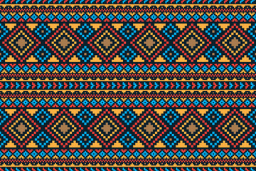 Abstract geometric fabric pattern seamless vector pixel design for clothing, fabric, background, wallpaper, wrapping, batik. Knitwear, Embroidery style. Aztec geometric art ornament print.