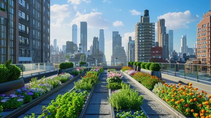 Fototapeta premium An elevated urban rooftop garden filled with lush green plants and flowers sits against a bright skyline of modern high-rise buildings.