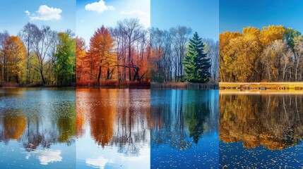 Obraz premium Four seasons montage displays a forest landscape beside water reflecting all annual changes, clearly showing spring, summer, autumn, and winter perspectives.