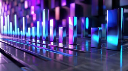 A sleek graphic equalizer design with sharp blue and purple bars ascending and descending against a futuristic metallic grey background, creating a modern tech vibe.