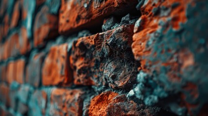 Close up view of an aged red brick wall in the background