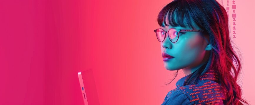 The photo shows a young woman wearing glasses and a blue shirt. She is looking at a pink test tube. The background is pink. The photo is taken from a side angle.