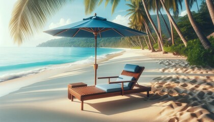 Obraz premium A beachside paradise featuring loungers and palm trees with a tranquil ocean view